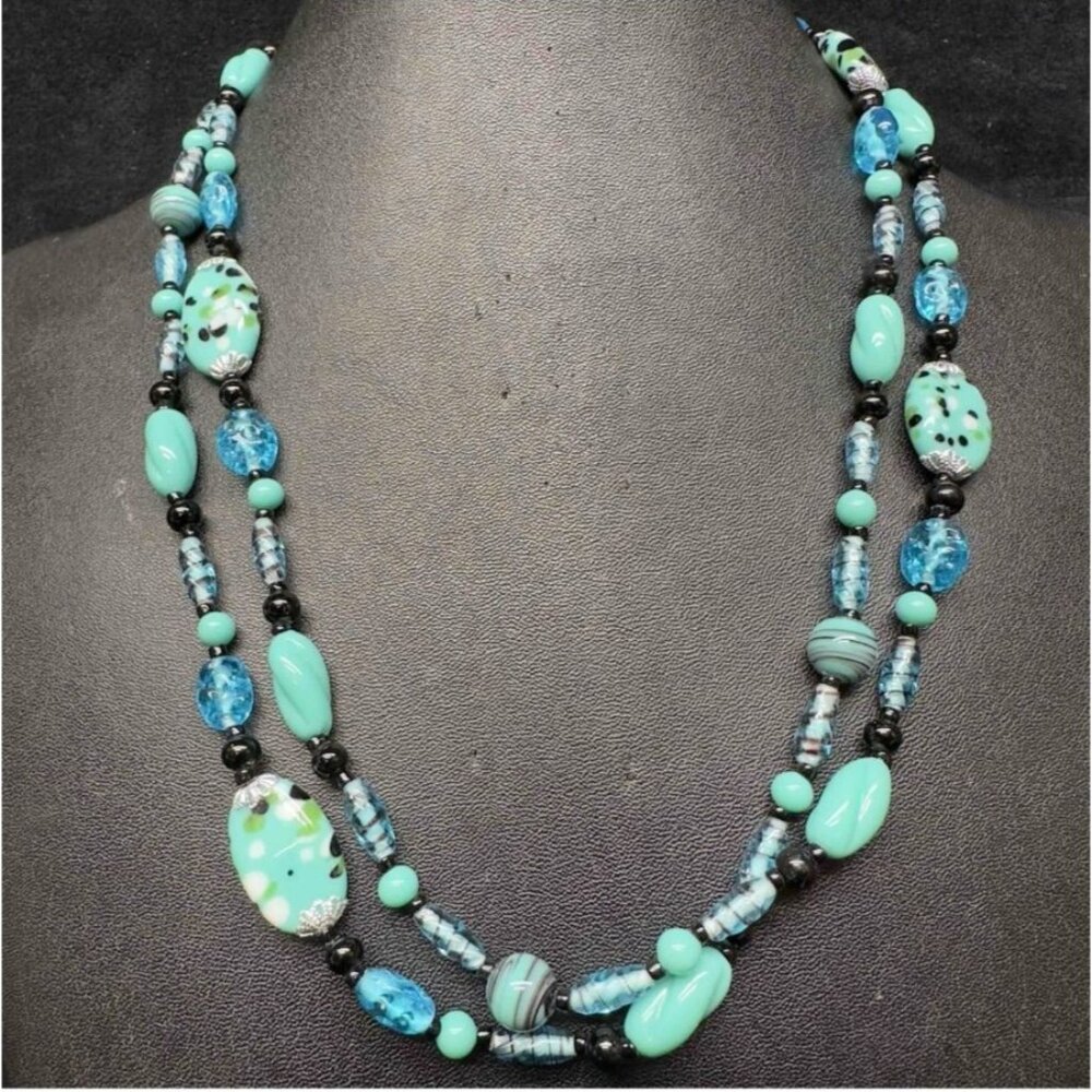 Vintage Murano Necklace‎ Lamp Work Glass Art Black Light Blue Beaded Long 44"